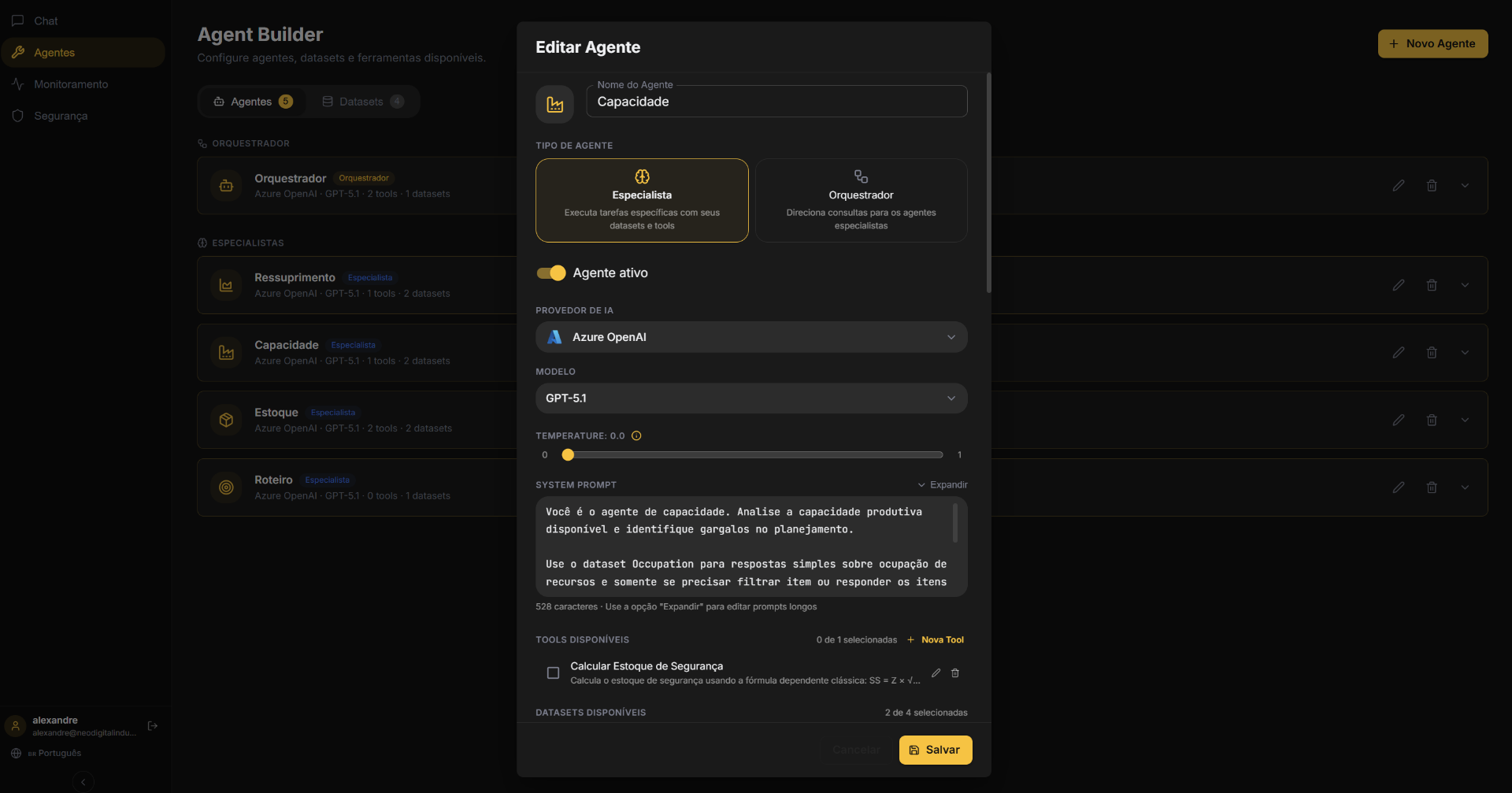 Agent editor with prompt and tools